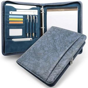 FORTAVEM Embossed Faux Leather Zippered Padfolio with 3 Ring Binder, Executive Portfolio Organizer Binder for Women, Fits 13.9" Laptop/Tablet, Refillable Writing Pad Pocket, Blue