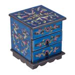 NOVICA Artisan Handmade Reverse Painted Glass Jewelry Box Chest with Mirror Blue Glasswood Peru Boxes Floral [5.5in H x 4.7in W x 4.7in D] ' Celestial Blue'