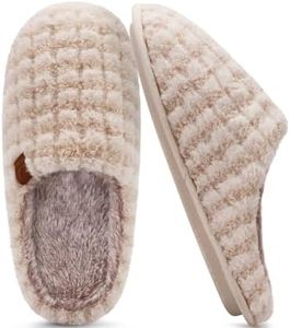 COFACE Mens Beige Flano Plaid Cozy Memory Foam scuff Slippers Slip On Warm House Shoes Indoor/Outdoor With Best Arch Support Size 10