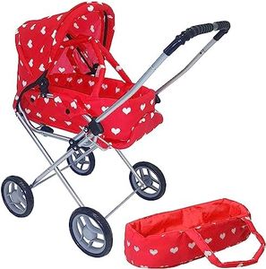 The New York Doll Collection Heart Printed Doll Bassinet Stroller with Travel Carry Bag for 18 Inch Doll, A149