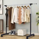 COSTWAY Single/Double Rail Garment Rack, Adjustable Metal Coat Hanger Storage Unit with Wheels and Bottom Shelf, Mobile Clothing Display Organiser Stand for Home Shop Bedroom (Single Rail)