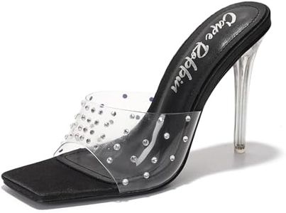 Cape Robbin Brisa Stiletto High Heels for Women - Rhinestone Clear Heels for Women - Slip On Womens Sandals with Transparent Stiletto Heels - Women's Dress Shoes with Sexy Open Toe - Black Size 8