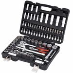 Eastman Tool Kit Ratchet (12.7 mm)1/2 Inch & (6.3) 1/4 Inch Sq. Drive 94 Pcs Socket & Bit Set, Tool Kit, Chrome Vanadium Steel, Knurled Sockets, Satin Finish,Heavy Duty Gripped Handle Ratchet (E-2301)