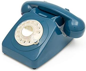 GPO 746 Rotary 1970s-Style Retro Landline Telephone, Classic Telephone with Ringer On/Off Switch, Curly Cord, Authentic Bell Ring for Home, Hotels- Azure Blue