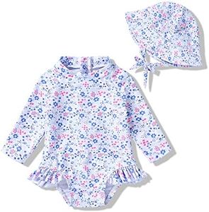Infant Baby Girl Swinsuit One-Piece Long Sleeve Rash Guard with Hat Set Floral Zipper Bathing Suit Leopard Beach Wear (6-12 Months, Flower#2)