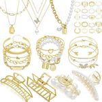 Remuuly 43 Pcs Gold Jewelry Set with 6 Pcs Necklace, 13 Pcs Bracelet, 20 Pcs Rings and 4 Pcs Hair Claw Clips Jewelry Set for Women Teens Gold Accessories for Birthday Party Friendship Gift, acrylic