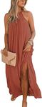 FARORO Sleeveless Long Dress for Women Boho Halter Maxi Dresses Casual Loose Sundress Split Cover Up Gown with Pockets, Solid Orange, Large