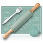 Rolling Pin & Silicone Baking Mats Set with Pastry Brushes and Dough Scraper,Non Stick Silicone Rolling pin with Wooden Handle and Baking mats Non Stick Silicone,Baking mat Set of 4 (Green)