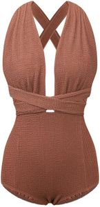 COCOSHIP Latte & Light Brown Crinkled Fabric Women's Retro One Piece V-Neck Swimsuit Bather High Waist Criss Cross Monokini XXL(US14 or US16)