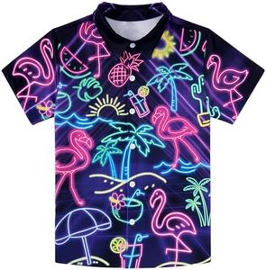 uideazone Boys Hawaiian Neon Shirts Kids 3D Palm Flamingo Button Up Shirts Short Sleeve Aloha Luau Blouse for Children Size 11-12