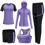 XPINYT 5pcs Workout Outfits for Women Athletic Sets Sport Suits Yoga Gym Fitness Exercise Clothes Jogging Tracksuits(Purple,M)