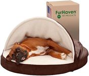 FurHaven Pet Dog Bed | Memory Foam Round Faux Sheepskin Snuggery Burrow Pet Bed for Dogs & Cats, Espresso, 35-Inch