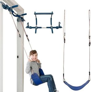 Gym1 2-Piece Doorway Gym for Kids, Includes Door Sensory Swing, Indoor Pull-Up Bar for Adults, Rings, Hanging Trapeze, Ladder & Knotted Rope, Holds Up to 300 Lbs - Blue