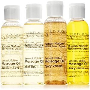 RD Alchemy - 100% Natural & Organic Edible Massage Oil Sample Pack. Contains All 4 Flavors - Bay Rum Love, Juicy Citrus, Spicy Vanilla, Mint Zip for Soothing Massage, Bath & Body Oil.