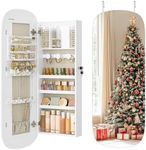 SONGMICS Jewelry Organizer, LED Jewelry Cabinet Wall or Door Mounted, Lockable Rounded Wide Mirror with Storage, Interior Mirror, Christmas Gifts, White Surface with Greige Lining
