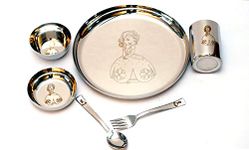 Kneaders - Laser Print Stainless Steel Round Lunch & Dinner Set for Kids - 1 Plate, 1 Curry Bowl, 1 Dessert Plate, 1 Glass, 1 Spoon & 1 Fork (6 Piece Set) (Barbiee)