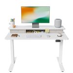 FEZIBO Height Adjustable Electric Standing Desk with Double Drawer, 40 x 24 Inch Stand Up Table with Storage Shelf, Sit Stand Desk with Splice Board, White Frame/White Top