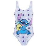 Disney Girls One Piece Swimming Costume, Comfortable Stretchy Swimsuit - Girls Gifts (Lilac Stitch, 7-8 Years)