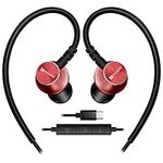 Hmusic Sports Earbuds Wired with Microphone, USB Type C Metal Shell Earplugs in-ear Headphones with Over Ear Hook Earphones for Sports, Running, Workout, Exercising, Gym (Red)