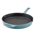 Rachael Ray Nitro Cast Iron Frying Pan/Skillet with Helper Handle and Pour Spouts, 12 Inch, Agave Blue