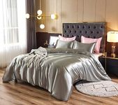 HOdo Home Satin Silk Grey Duvet Cover Full/Queen Size, 100% Polyester 3pcs Comforter Cover, Ultra Soft and Breathable Bedding Set with Zipper Closure & Corner Ties (Grey, Full/Queen)