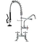 YooGyy Commercial Sink Pre-Rinse Sprayer 4-8 Inch Center Deck Mount 26’’ Height Kitchen Faucet, Dual Hole Dual Handles with High Pressure Pull Down Spray Valve and 10’’ Add on Spout