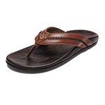 OluKai Mea Ola Men's Beach Sandals, Premium Leather Flip-Flop Slides, Compression Molded Footbed & Comfort Fit, Laser-Etched Design, Tan/Dk Java, 11