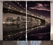 Ambesonne Landscape Curtains, Brooklyn Bridge Sunset NYC View Skyline Tourist Attraction Modern City, Living Room Bedroom Window Drapes 2 Panel Set, 108" X 84", Brown Rose