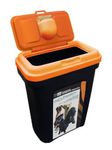 PET FOOD STORAGE CONTAINER BLACK HOLDS 15 25 KG. ORANGE LID RUBBER AIRTIGHT SEAL