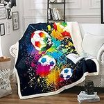 Sport Fleece Throw Blanket for Girls Boys Children Kids Football Sherpa Blanket Sports Theme Games Plush Blanket Bright Vibrant Soccer Ball Pattern Fuzzy Blanket for Sofa Bed,Single 50x60 Inch