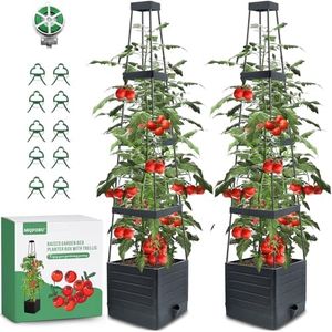 MQFORU 2 Packs Tomato Planter with Trellis, 57" Raised Garden Bed Planters Box for Climbing Vegetables Plant, Self Watering Tomato Cages for Garden Pots for Patio Greenhouse Indoor Outdoor（2PCS）