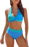 AI'MAGE Women's High Waisted Bikini Sets Tummy Control Swimsuits 2024 Two Piece Bathing Suits Color Block Halter Swim Suits, Blue Color Block, XXL