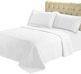 Royal Tradition Hotel - Queen -White-Checkered Quilted Wrinkle-Free Microfiber 3 Piece Coverlets Set 90x92