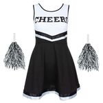 Girls Cheerleader Fancy Dress Costume Party Halloween Cheers Outfit with Pom Poms (Black, 10-12 years)