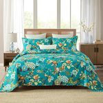 ENASAL Cotton Bedspread Quilt Sets Reversible Bedding Coverlet Sets Comforter, Vintage Floral with Peacock Pastoral Turquoise Bedspread, King Size