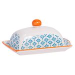 Nicola Spring Patterned Butter/Margarine Dish with Lid - 185mm (7.3 inches) - Blue/Orange Print