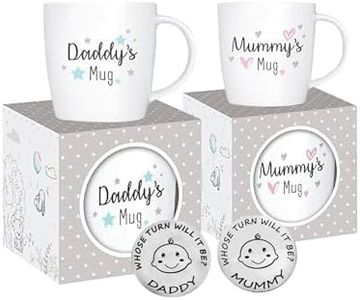 Set di 2 tazze con scritta in lingua inglese "New Parents", regalo per mamma e papà, regalo per neomamme, neo papà, regalo per mamma, Natale, include moneta decisionale per genitori (mamma e papà)