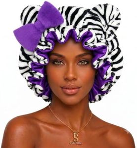 Sultresse Zebra Cat Ear Bonnet for Women, Satin Lined Sleep Cap - Purple