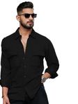 IndoPrimo Men's Regular Fit Fancy Double Pocket Casual Shirt for Men Full Sleeves - Cargo (in, Alpha, L, Regular, Black)