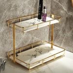 Dobbyby Bathroom Organizer Countertop Perfume Organizer Makeup Organizer Cosmetics Storage Display Rack 2 Tier Vanity Tray Dresser Stainless Steel Gold Shelf White Marble Print Ceramic Tray