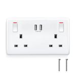 Double Plug Socket USB Switched Wall Socket with Dual Smart USB Charger 3.1A 15.5W Electrical Outlet 2 Gang 13 Amp Electric Power Sockets, White