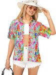 LA LEELA Women's Floral Blouse Short Sleeve Hawaiian Shirts XXL Poppy, Leaves Crayons