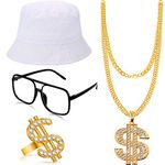 Hip Hop Costume Kit 80s/90s Rapper Accessories Bucket Hat Sunglasses Gold Chain Ring Outfit for Men Women (White)