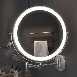 Hasipu 10-Inch Wall Mounted Makeup Mirror with Magnification, Rechargeable 3000 mAh Vanity Mirror with Lights, Bathroom Mirror with Dimmable Brightness, 3 Lighting Modes, Extendable Arm, Nickel