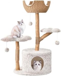 Easyego Modern Cat Tree, 43.3" Aesthetic Wood Cat Tree Tower for Large Cats, Luxury Cat Condo with Scratching Posts and Flower Platforms, Cat Furniture, Bullet Gray