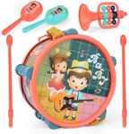 Satiskid 6 Pcs Kids Musical Instruments Set, Children Musical Playset Including Drum, Drum Stick, Sand Hammers and Trumpet, Kids Drum Set Sensory Musical Instrument Toy for Kids Boys Girls Ages 3+