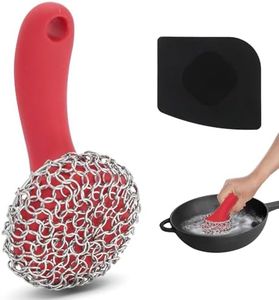 Cast Iron Scrubber with Long Handle | 316 Cast Iron Cleaner Chainmail Scrubber for Cast Iron Pan Skillet Cleaner - Dish Scouring Pad Dishwasher Safe Cleaning Kit (Red, 1 Scrubber + 1 Scraper)