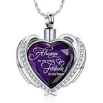 Cremation Jewelry Angel Wing Heart Urn Pendant Necklaces for Women Crystals Birthstone Urns for Human Ashes Memorial Locket Keepsake Ashes Jewelry (Always Purple)