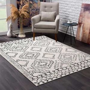 Leesentec Moroccan Area Rugs Living Room Rugs Modern Abstract Rug Geometric Carpet Non-Slip Short Pile Rug Large Rugs for Living Room Soft Bedroom Area Rug (Ivory/Black, 120x160CM)