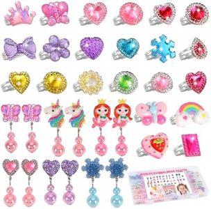 Toddler Girl Toys for Ages 5-7 Jewelry,34pcs Girls Toys Age 6-8 Clip on Earrings for Girls age 8-10 Kids Princess Toy Adjustable Ring Girl Toy Age 3 4 5 6-8 Year Old Birthday Christmas Gifts